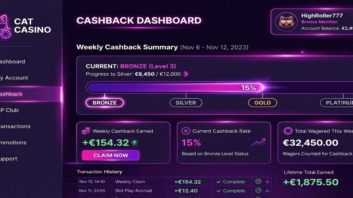 Cat Casino cashback dashboard — VIP tiers